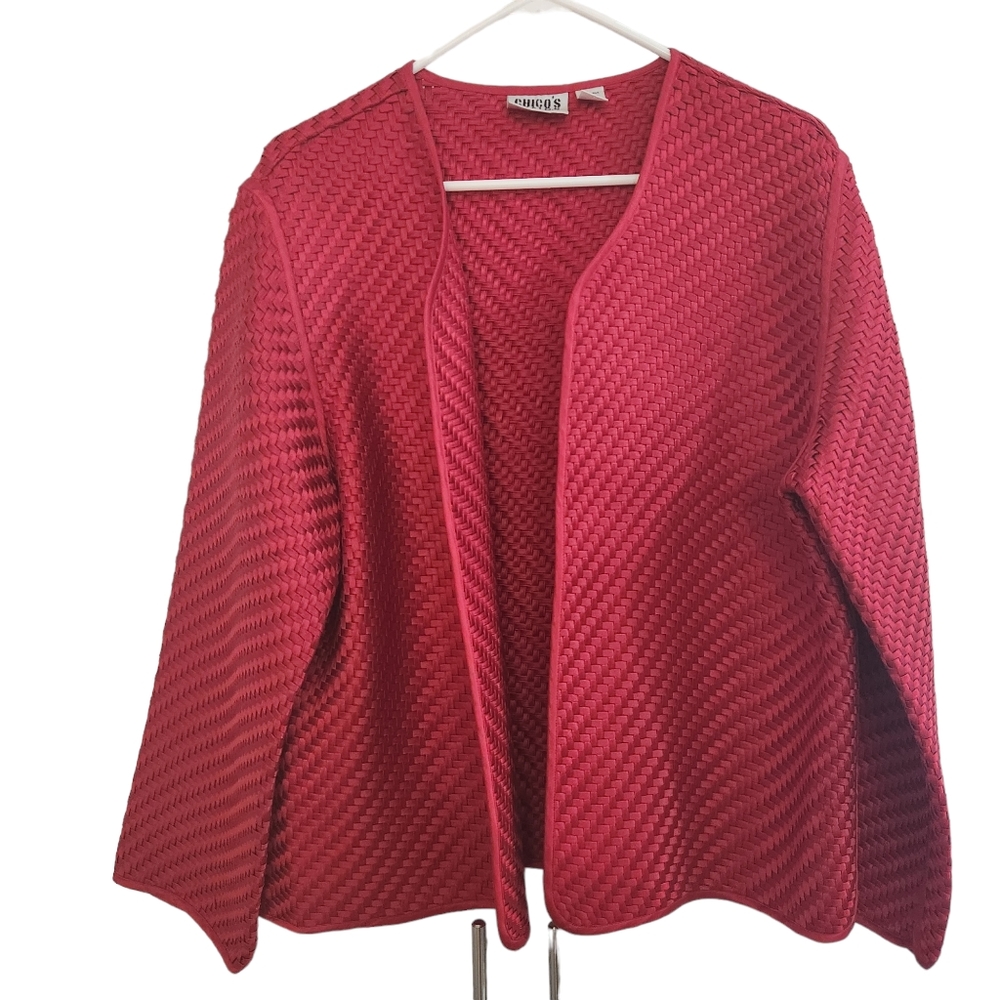Chicos Designs Vintage Red Silk Basket Woven Open Front Cardigan Jacket Size 3